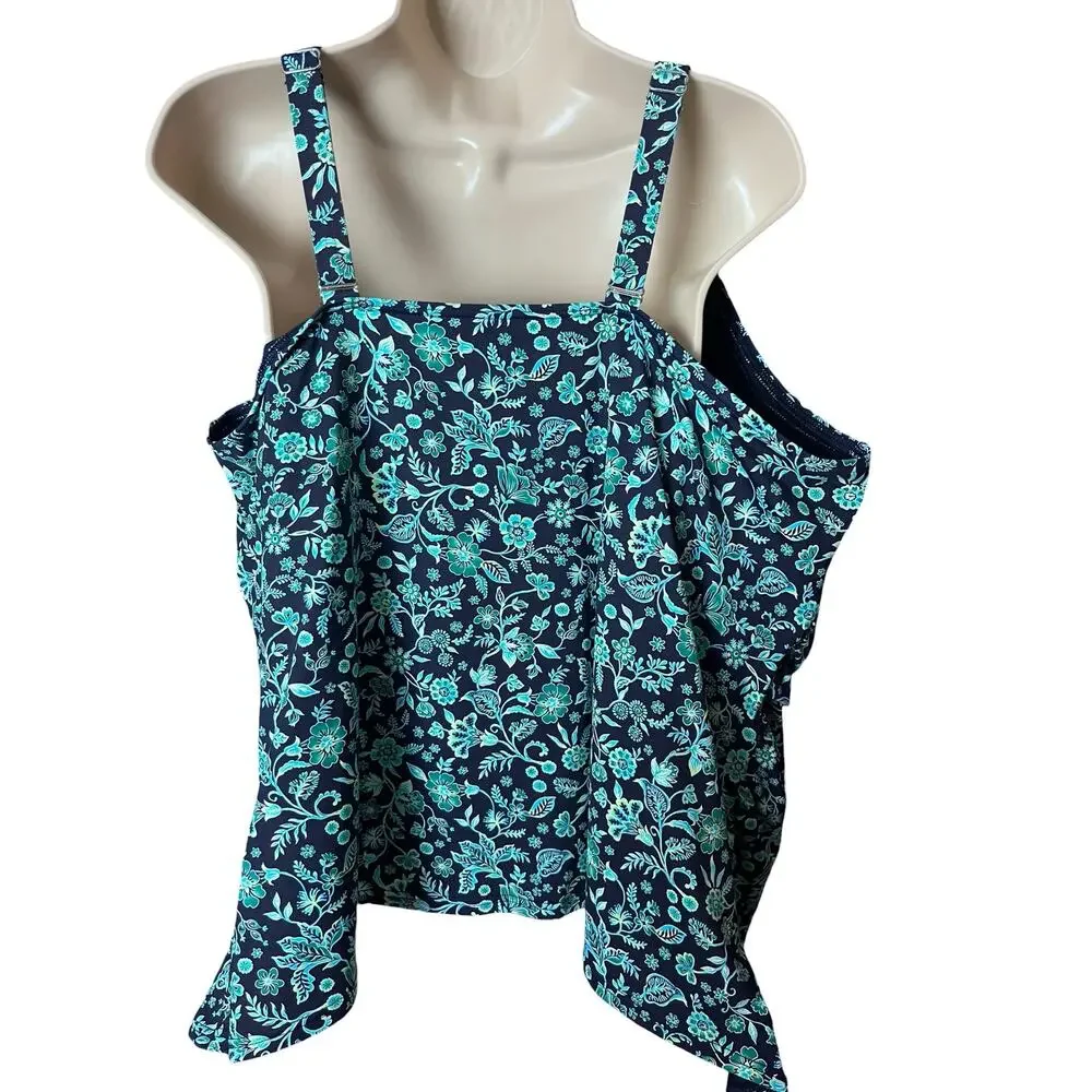 Lands’ End Tankini 26W Blue Green Floral Swimwear Pool Spa Cruisewear Beach